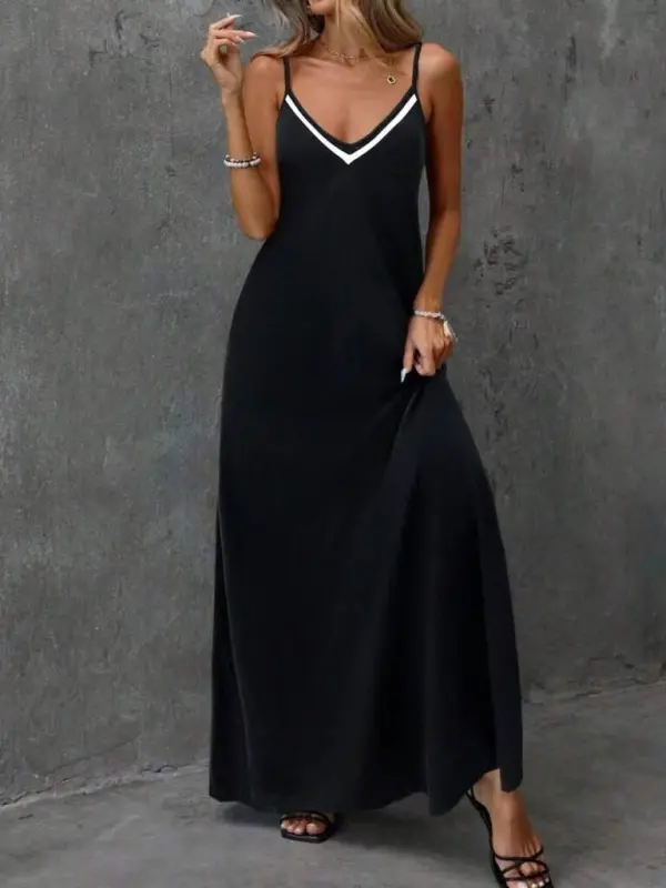 Women's Spaghetti Strap V-Neck Long Viscose Dress - 5
