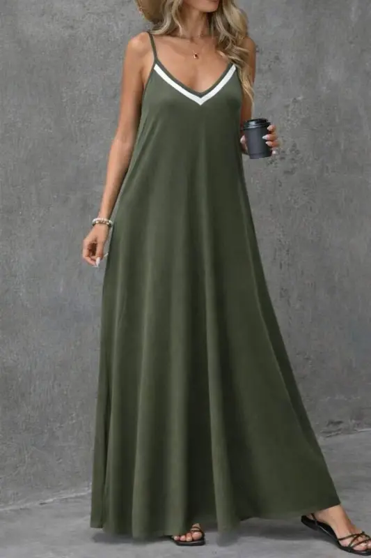 Women's Spaghetti Strap V-Neck Long Viscose Dress - 3