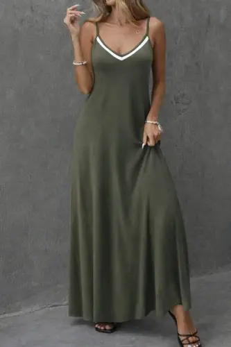 Women's Spaghetti Strap V-Neck Long Viscose Dress - 4