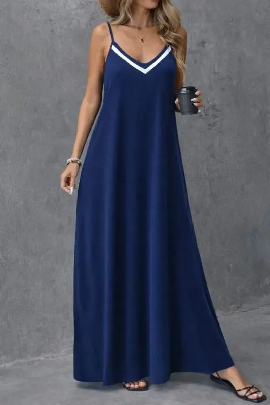 Women's Spaghetti Strap V-Neck Long Viscose Dress - 2