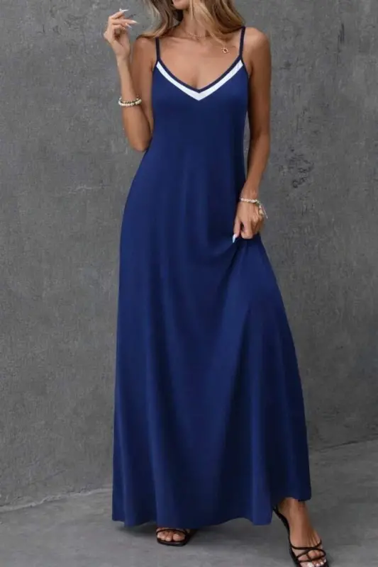 Women's Spaghetti Strap V-Neck Long Viscose Dress - 3