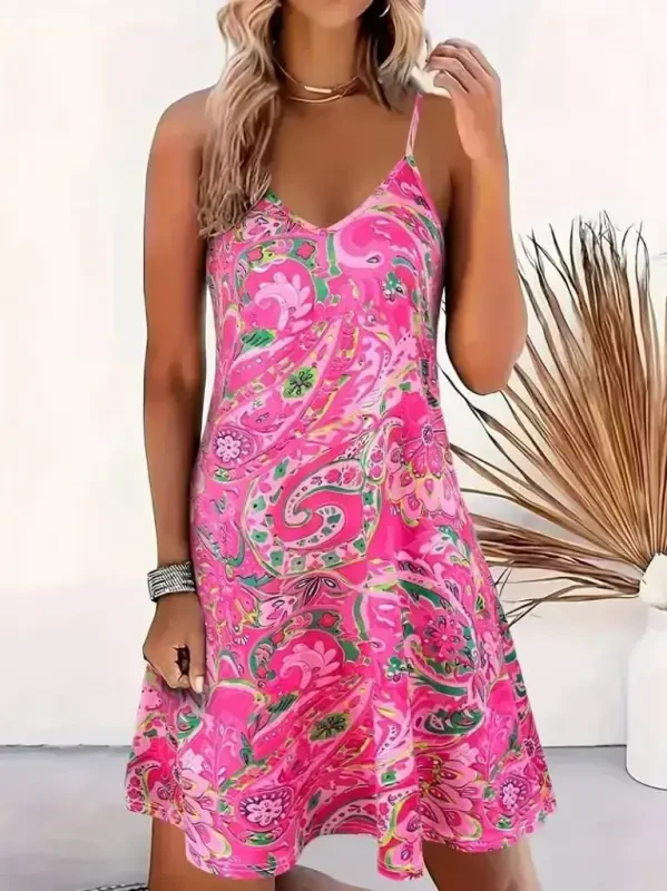 Women's Spaghetti Strap V Neck Patterned Short Supima Mini Dress - 1