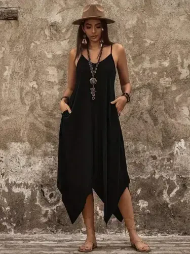 Women's Spaghetti Strap V Neck Pocket Detail Asymmetrical Cut Detail Viscose Dress - 1