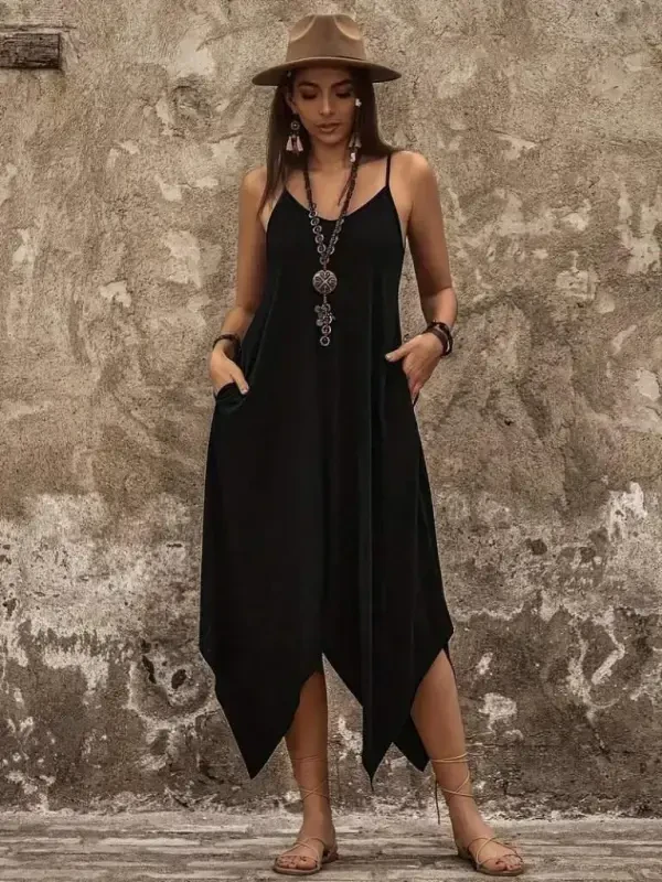 Women's Spaghetti Strap V Neck Pocket Detail Asymmetrical Cut Detail Viscose Dress - BÜYÜKBEDENIZ