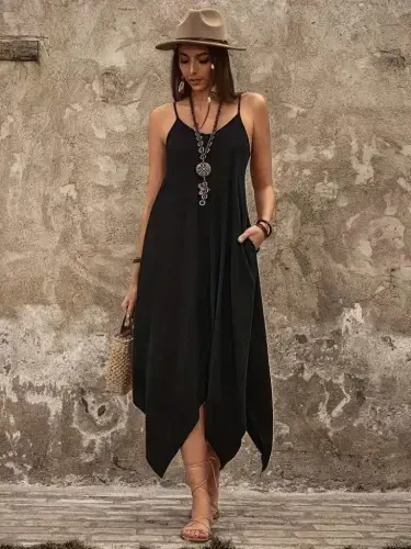 Women's Spaghetti Strap V Neck Pocket Detail Asymmetrical Cut Detail Viscose Dress - 2