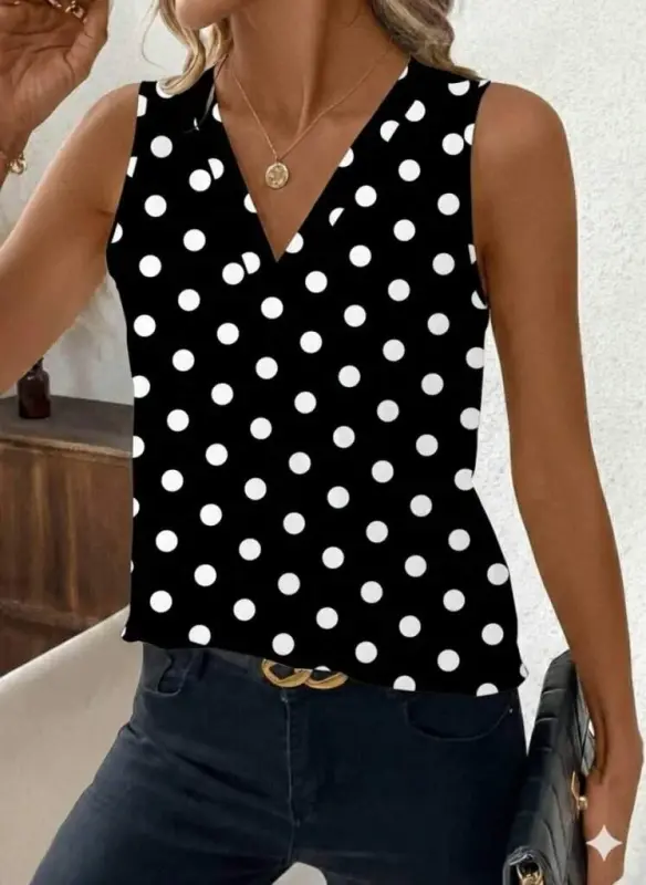 Women's Spaghetti Strap V-Neck Polka Dot Jersey Blouse - 1