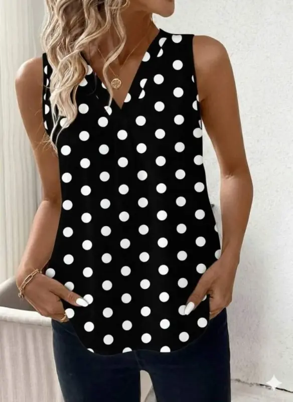 Women's Spaghetti Strap V-Neck Polka Dot Jersey Blouse - 2