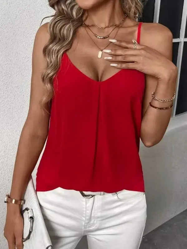 Women's Spaghetti Strap V-Neck Sandy Blouse - BÜYÜKBEDENIZ