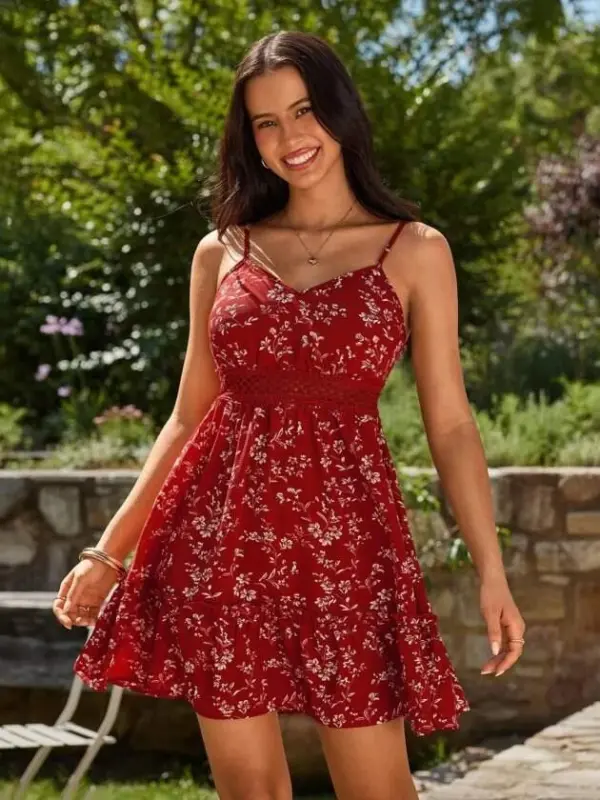 Women's Spaghetti Strap V-Neck Short Patterned Interlock Dress - 3