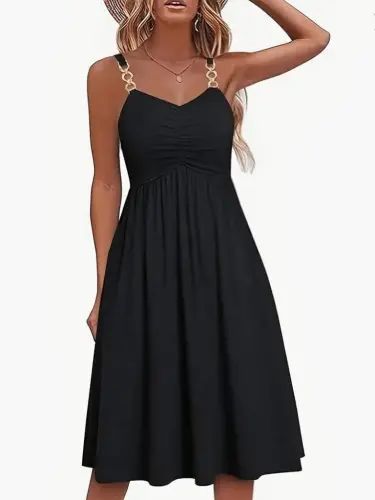 Women's Spaghetti Strap V Neck Short Viscose Dress - 5