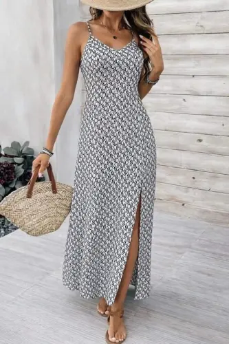 Women's Spaghetti Strap V-Neck Slit Long Supre Dress - BÜYÜKBEDENIZ (1)