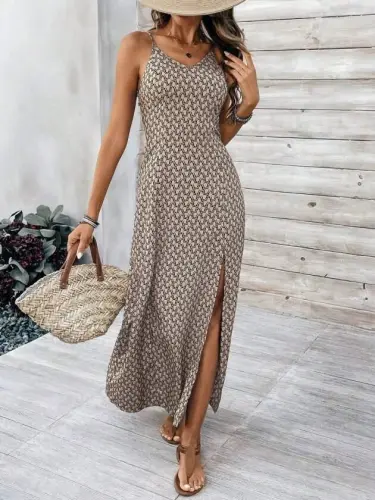 Women's Spaghetti Strap V-Neck Slit Long Supre Dress - BÜYÜKBEDENIZ (1)
