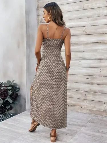Women's Spaghetti Strap V-Neck Slit Long Supre Dress - 4