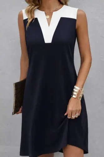 Women's Spaghetti Strap V-Neck Two-Tone Short Viscose Two-Thread Dress - 1