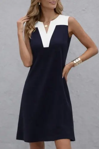 Women's Spaghetti Strap V-Neck Two-Tone Short Viscose Two-Thread Dress - 2