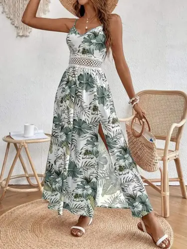 Women's Spaghetti Strap V-Neck Waist Lace Floral Pattern Side Slit Maxi Suprem Dress - 4