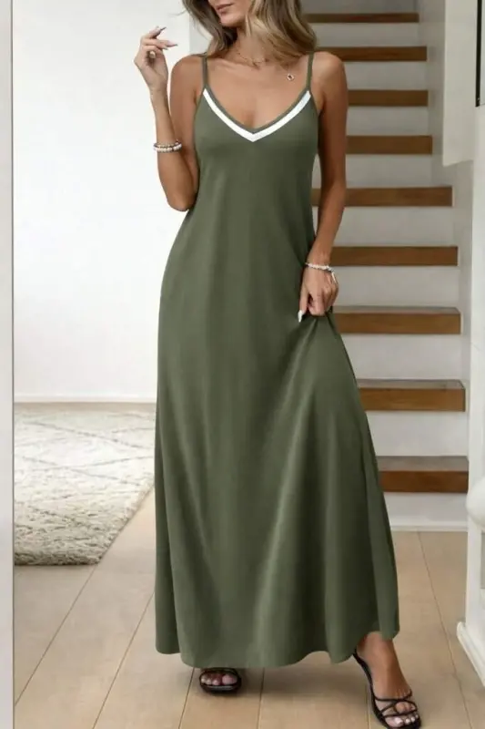 Women's Spaghetti Strap V-Striped Neck Long Viscose Dress - 1