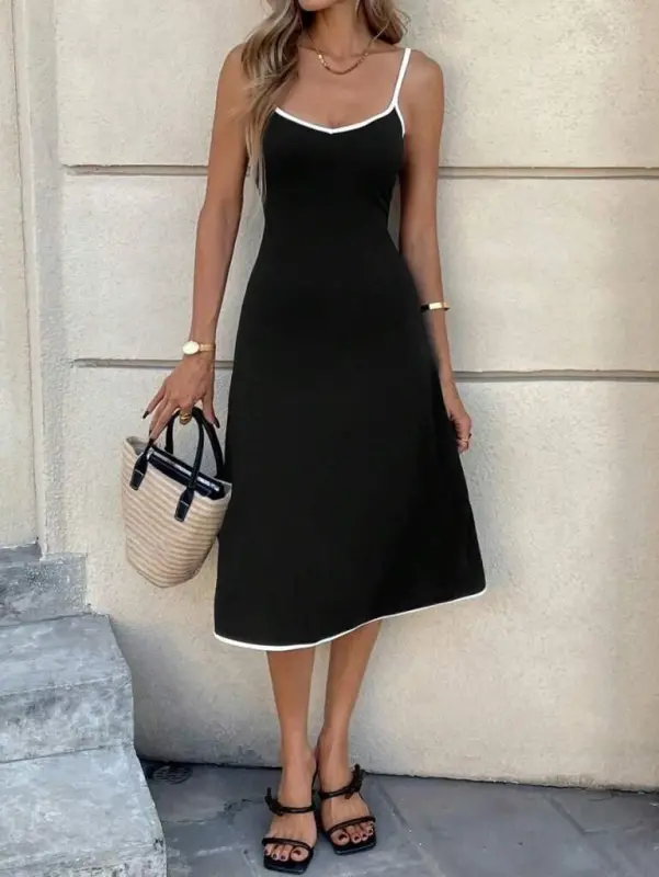 Women's Spaghetti Strap Wide V-Neck Midi Crinkle Crepe Dress - BÜYÜKBEDENIZ