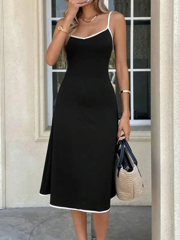 Women's Spaghetti Strap Wide V-Neck Midi Crinkle Crepe Dress - 13