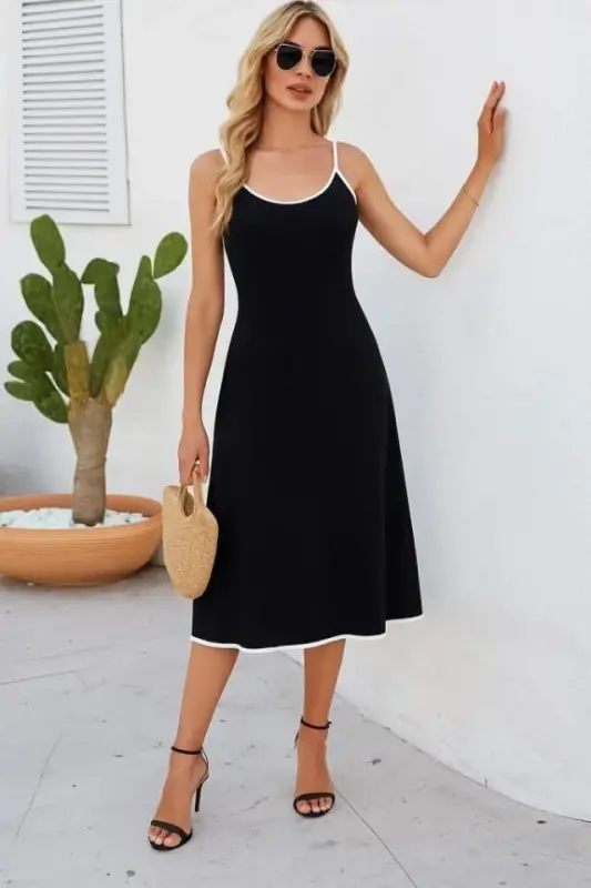 Women's Spaghetti Strap Wide V-Neck Midi Crinkle Crepe Dress - 1