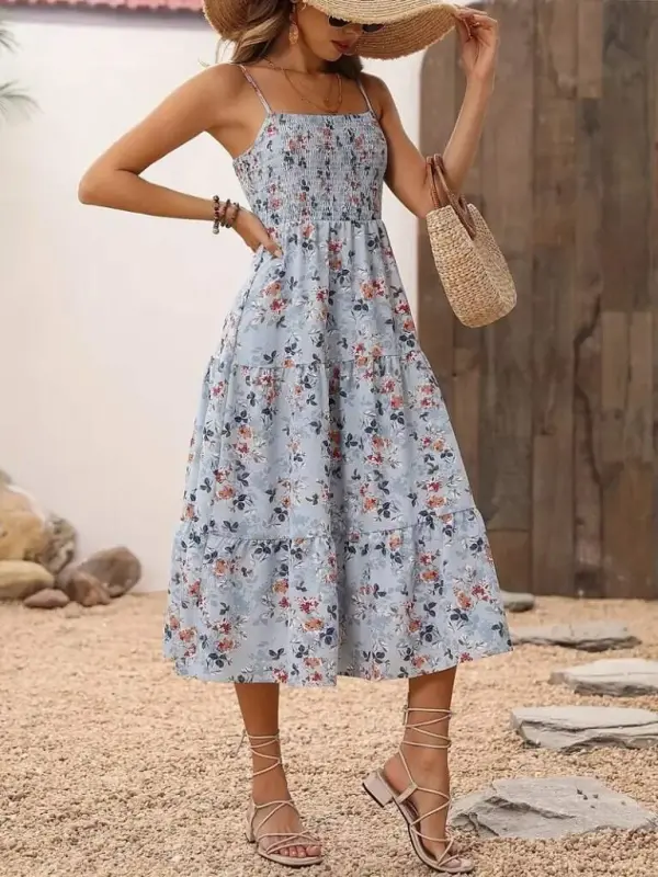 Women's Spaghetti Strap Wide V-Neck Patterned Long Süprem Dress - 2