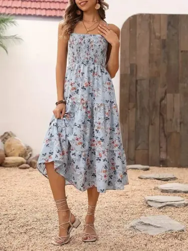 Women's Spaghetti Strap Wide V-Neck Patterned Long Süprem Dress - 11