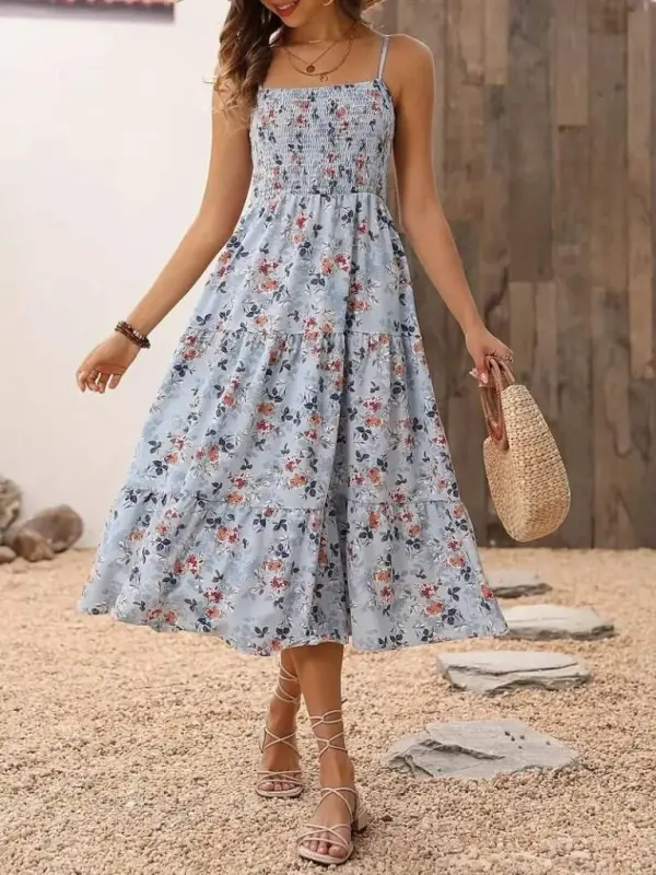 Women's Spaghetti Strap Wide V-Neck Patterned Long Süprem Dress - 10