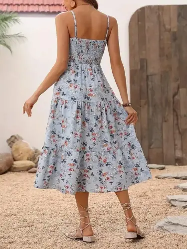 Women's Spaghetti Strap Wide V-Neck Patterned Long Süprem Dress - 4