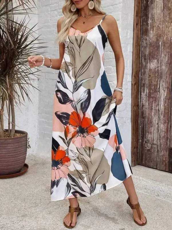 Women's Spaghetti Strap Wide V-Neck Patterned Single Jersey Dress - BÜYÜKBEDENIZ