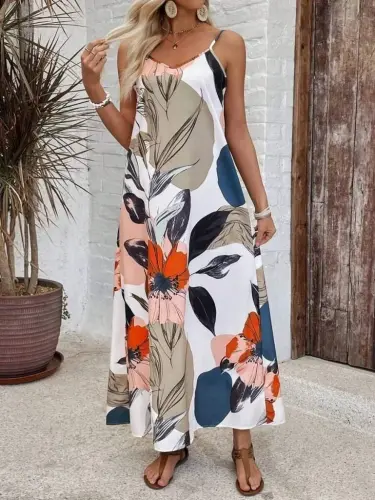 Women's Spaghetti Strap Wide V-Neck Patterned Single Jersey Dress - BÜYÜKBEDENIZ (1)