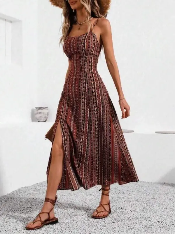 Women's Spaghetti Strap Wide V-Neck Patterned Slit Interlock Midi Dress - 2