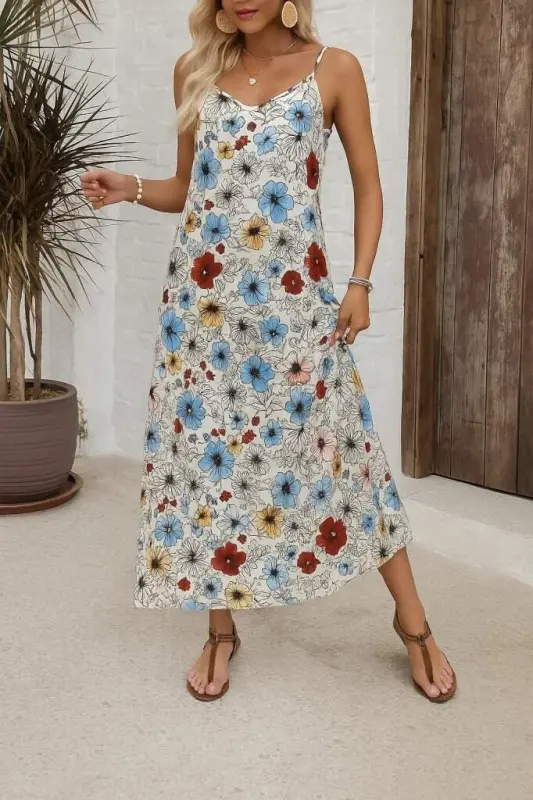 Women's Spaghetti Strap Wide V-Neck Patterned Supreme Dress - 1