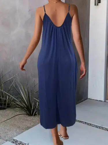 Women's Spaghetti Strap Wide V Neck Viscose Dress - BÜYÜKBEDENIZ (1)