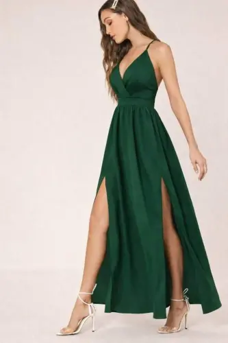 Women's Spaghetti Strap Wrap-Front Slit Detail Crepe Maxi Dress - 3