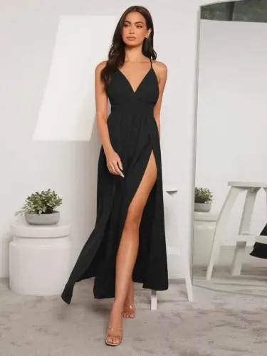 Women's Spaghetti Strap Wrap-Front Slit Detail Local Crepe Long Dress - 1