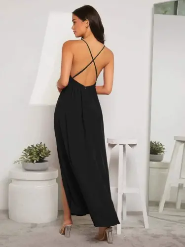 Women's Spaghetti Strap Wrap-Front Slit Detail Local Crepe Long Dress - 5