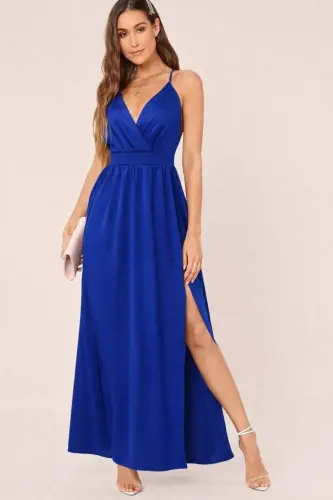 Women's Spaghetti Strap Wrap-Front Slit Detail Local Crepe Long Dress - 2