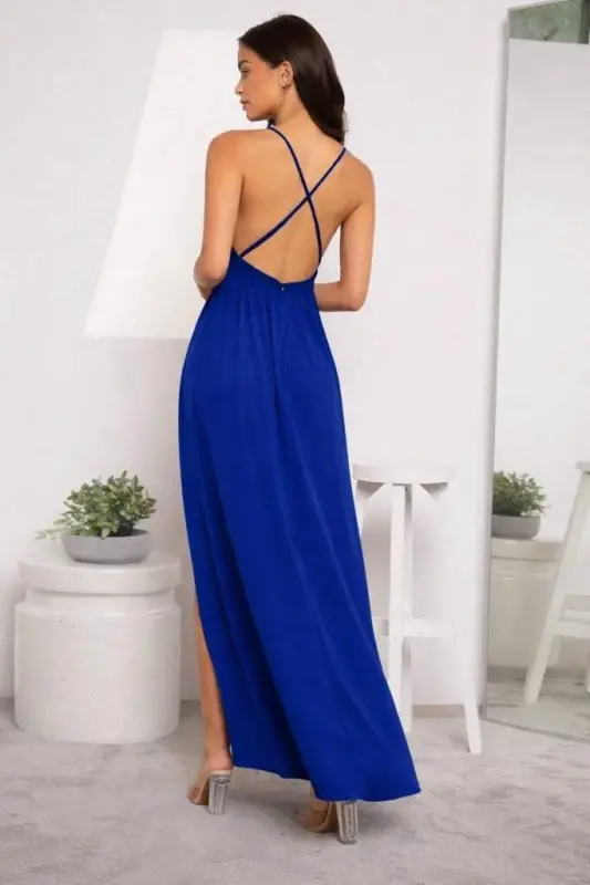 Women's Spaghetti Strap Wrap-Front Slit Detail Local Crepe Long Dress - 4