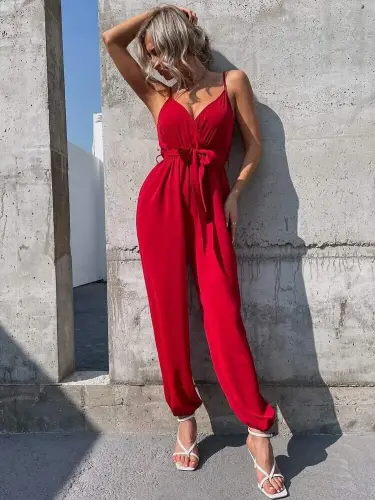 Women's Spaghetti Strap Wrap Neck Belted Long Sandy Jumpsuit - 1