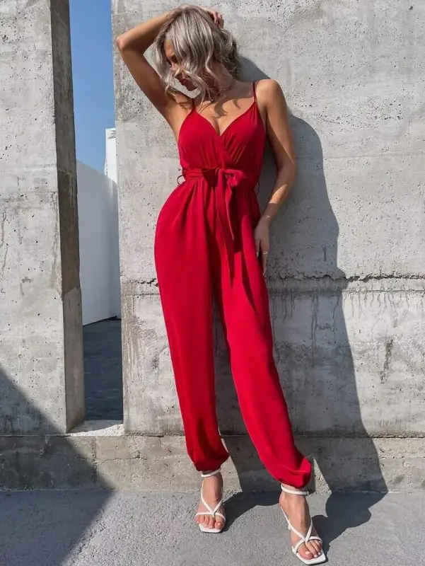 Women's Spaghetti Strap Wrap Neck Belted Long Sandy Jumpsuit - 1