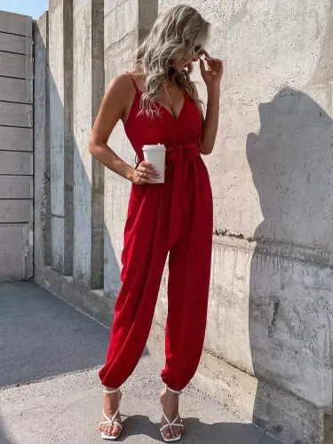 Women's Spaghetti Strap Wrap Neck Belted Long Sandy Jumpsuit - BÜYÜKBEDENIZ (1)