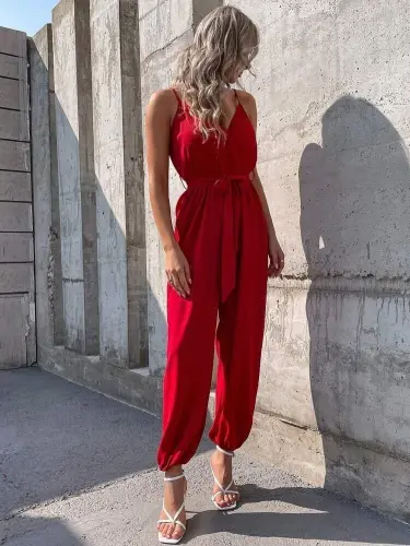 Women's Spaghetti Strap Wrap Neck Belted Long Sandy Jumpsuit - 3