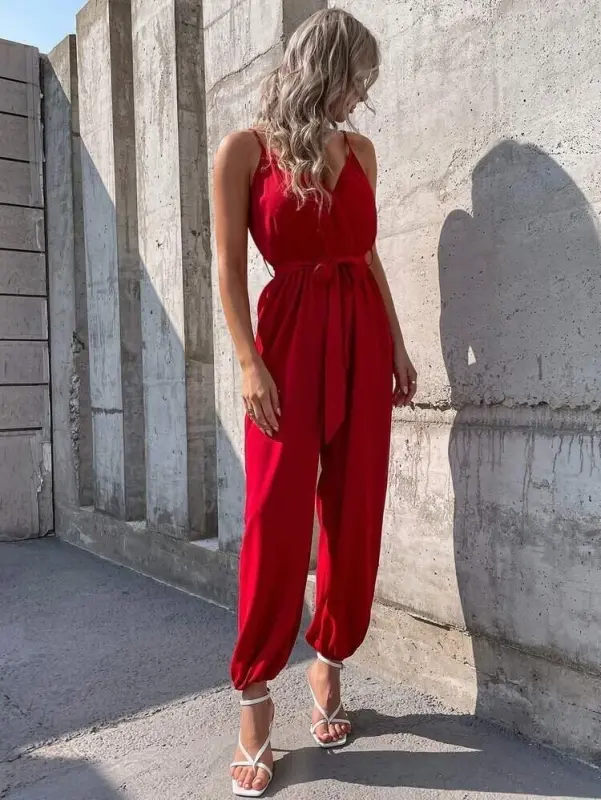 Women's Spaghetti Strap Wrap Neck Belted Long Sandy Jumpsuit - 3