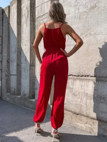 Women's Spaghetti Strap Wrap Neck Belted Long Sandy Jumpsuit - 4