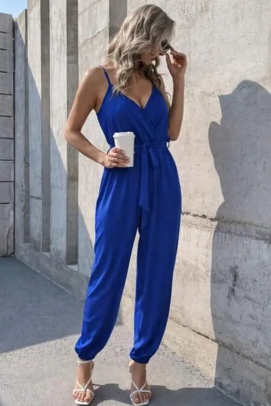 Women's Spaghetti Strap Wrap Neck Belted Long Sandy Jumpsuit - 2