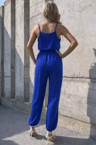 Women's Spaghetti Strap Wrap Neck Belted Long Sandy Jumpsuit - 3