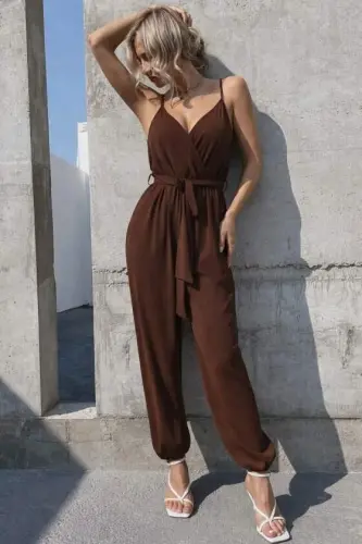 Women's Spaghetti Strap Wrap Neck Belted Long Sandy Jumpsuit - 1