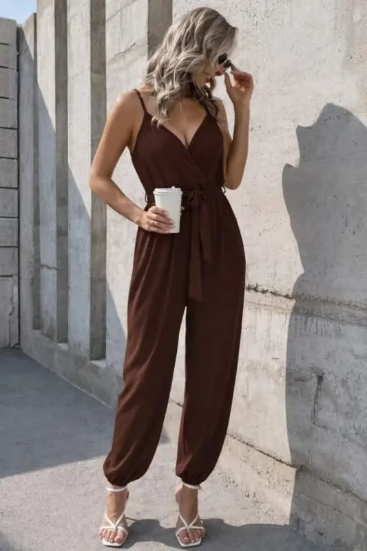 Women's Spaghetti Strap Wrap Neck Belted Long Sandy Jumpsuit - 2