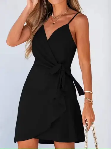 Women's Spaghetti Strap Wrap Neck Belted Short Shimmer Crepe Dress - 1