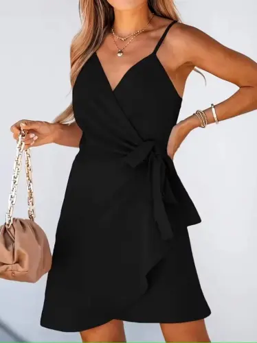 Women's Spaghetti Strap Wrap Neck Belted Short Shimmer Crepe Dress - BÜYÜKBEDENIZ (1)